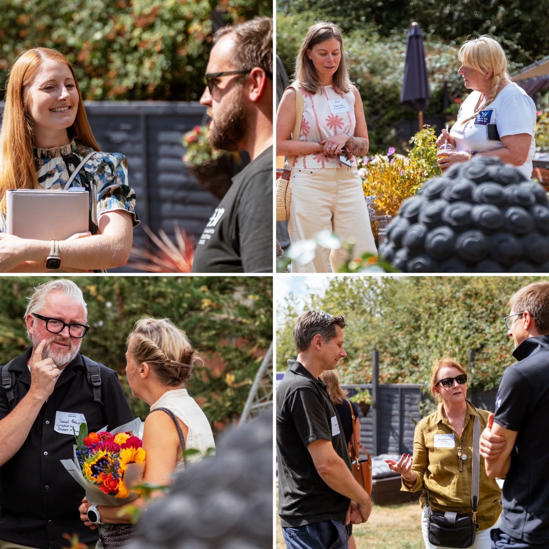 Event professionals networking in the garden at a Surrey Events 250 meeting